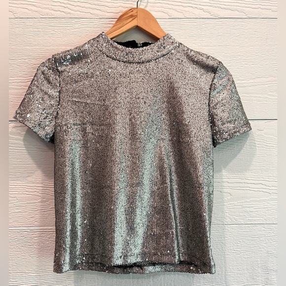 NWOT Zara silver Sequin top with zip up back size Small - Picture 1 of 6